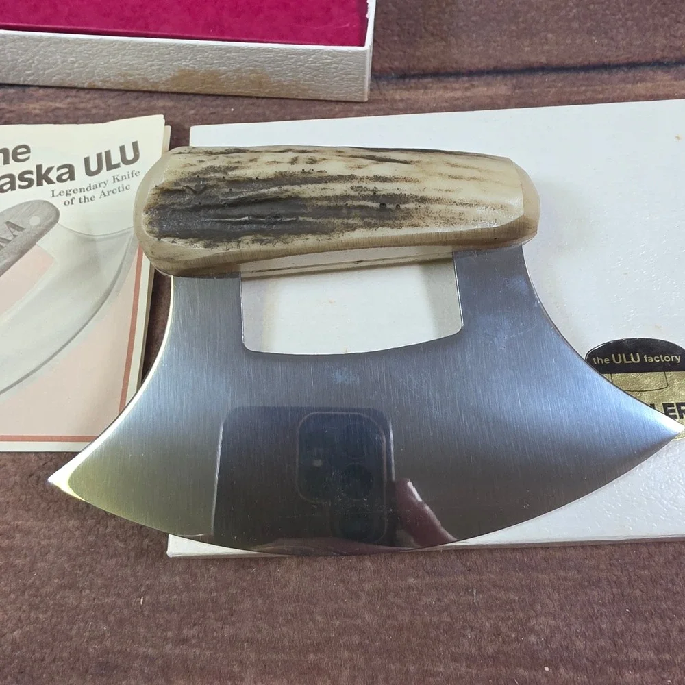 The Ulu Factory Alaska Ulu Knife Antler Handle Silver Excellent Boxed Set